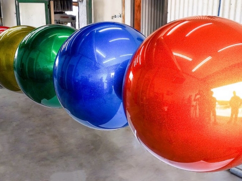 5 x one metre diameter stainless steel coloured spheres sculpture in progress, designed by Leon van den Eijkel, NZ