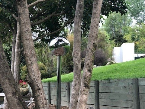 Garden Sculpture - 450mm diameter mirror polished stainless steel sphere on polished pole