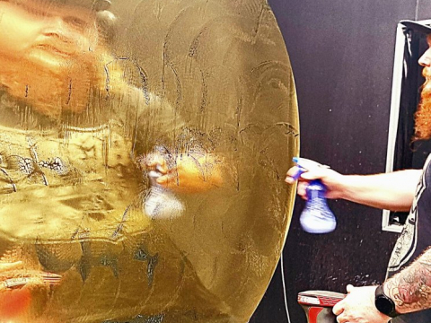 Mirror polished brass ball art in progress
